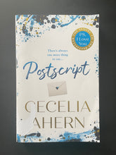 Load image into Gallery viewer, Postscript by Cecelia Ahern: photo of the front cover which shows minor scuff marks and some creasing, and a missing patch on the bottom-left side.
