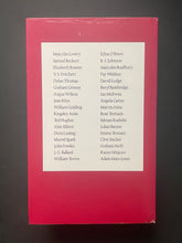 Load image into Gallery viewer, The back cover for 'The Penguin Book of Modern British Short Stories' by Malcolm Bradbury. A red hardcover book or book box shown from the back, featuring a large white rectangular label printed with a list of author names in two columns on a dark background. Shows scuff marks along the edges of the dust jacket.