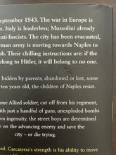 Load image into Gallery viewer, Street Boys by Lorenzo Carcaterra book: photo of minor scuff mark on the top-right corner of the back cover. There is also a very minor scuff mark visible between the first and second paragraphs of text.
