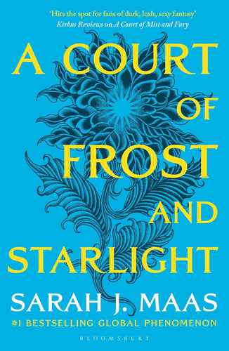 Book cover of 'A Court of Frost and Starlight' with an intricate flower design and blue and yellow colors.