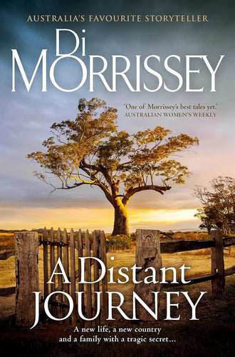 Book cover of 'A Distant Journey' by Di Morrissey featuring a tree and sunset.