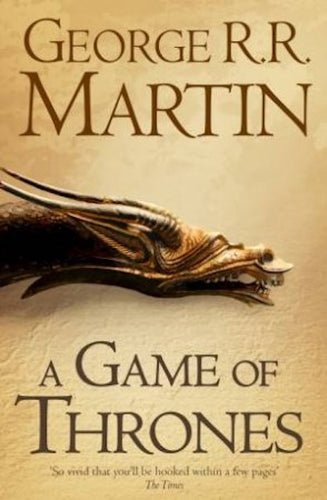 Book cover for 'A Game of Thrones' by George R. R. Martin featuring the head of a dragon over a camel coloured background.