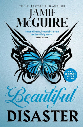 Book cover of 'Beautiful Disaster' by Jamie McGuire with a blue butterfly design on a light blue background.