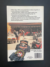 Load image into Gallery viewer, Back of book cover for &#39;Brothers in Arms&#39; by Sandra Harvey &amp; Lindsay Simpson with text and images of bikers and motorcycles on a black background. There is some creasing and scuff marks along the edges.
