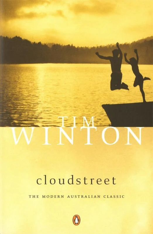 Book cover of 'Cloudstreet' by Tim Winton with a silhouette of two people jumping into water at sunset.