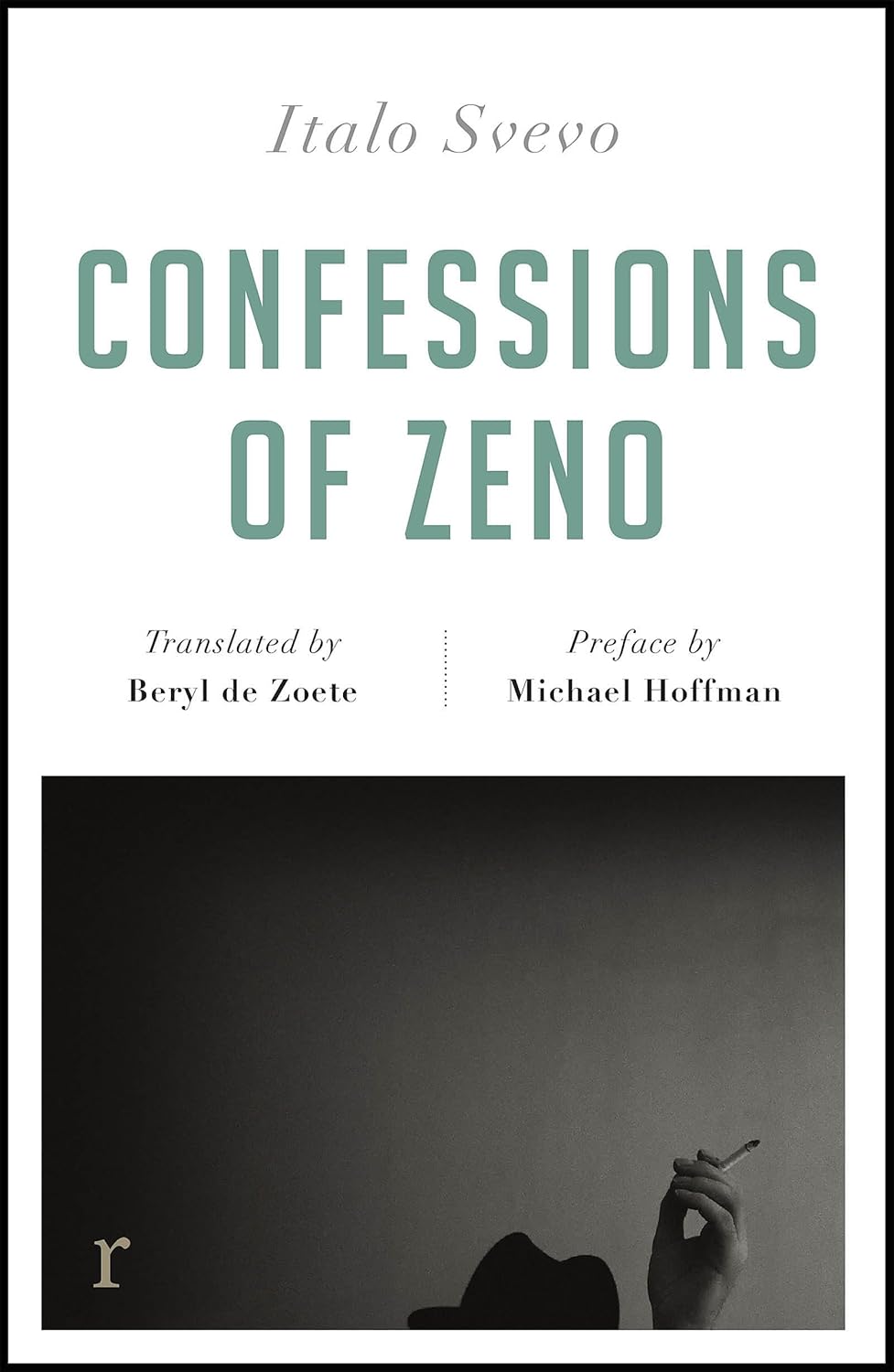 Book cover of 'Confessions of Zeno' by Italo Svevo with a black and white photo of a person smoking.