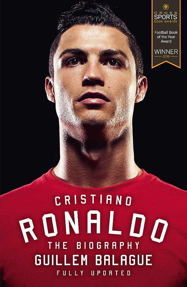 Book cover of 'Cristiano Ronaldo: The Biography' with a black background and a red shirt.