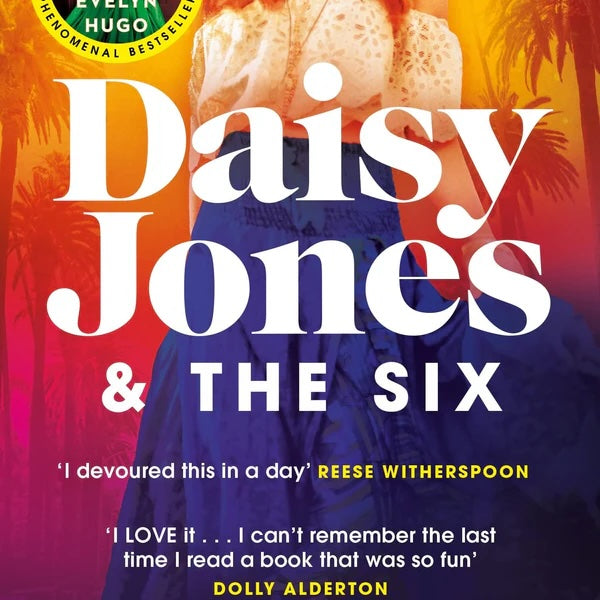Book cover of 'Daisy Jones & The Six' by Taylor Jenkins Reid with colorful design and text quotes.