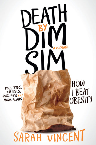 Book cover of 'Death by Dim Sim' by Sarah Vincent with a brown paper bag on a white background