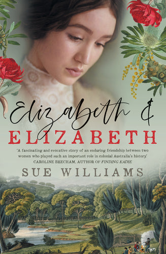 Book cover of 'Elizabeth & Elizabeth' by Sue Williams with a woman's face and floral elements.