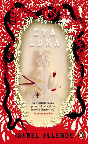 Book cover of 'Eva Luna' by Isabel Allende with a red border and central illustration.