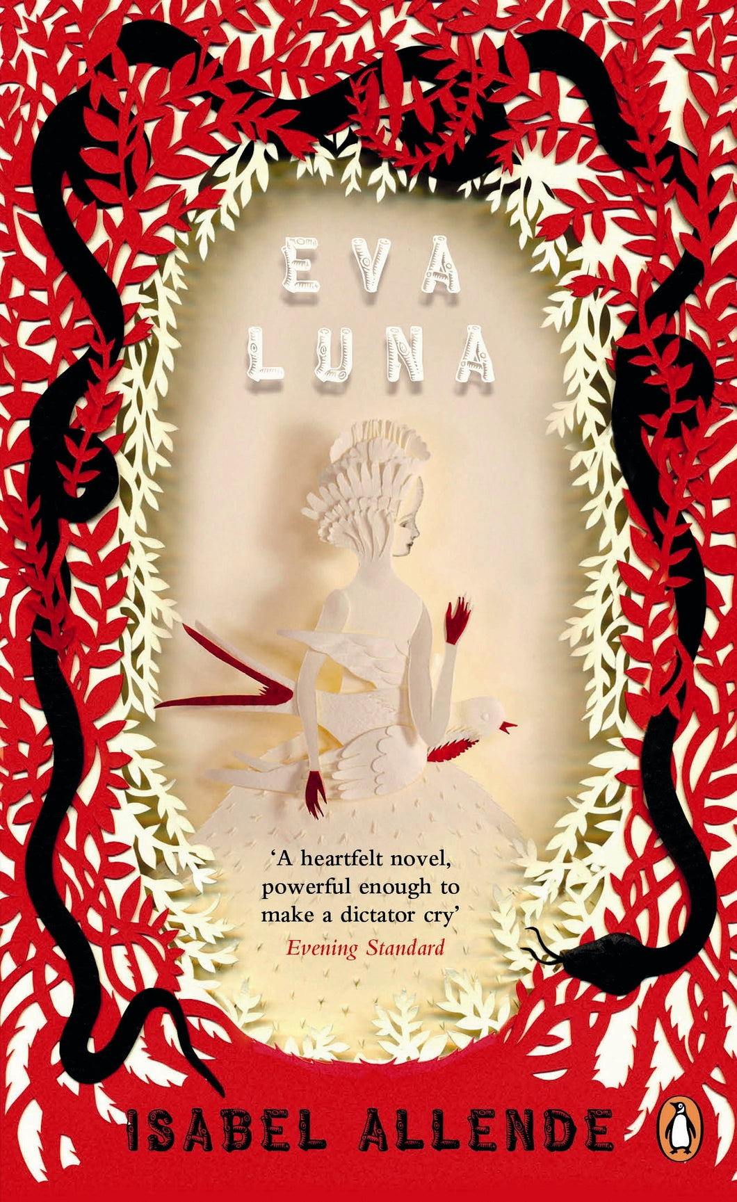 Book cover of 'Eva Luna' by Isabel Allende with a red border and central illustration.