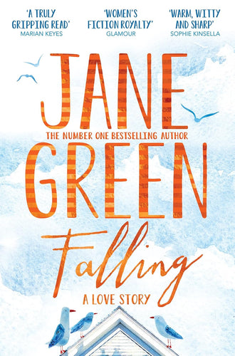 Book cover of 'Falling' by Jane Green with a blue watercolor background and birds.