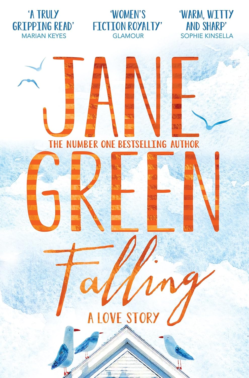 Book cover of 'Falling' by Jane Green with a blue watercolor background and birds.