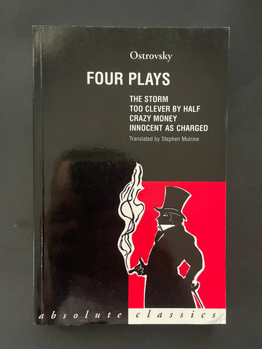 Book cover of 'Four Plays' by Ostrovsky with a silhouette design on a black background. The photo shows minor scuff marks along the edges.