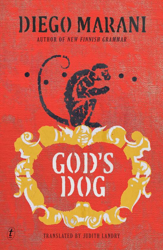 Book cover of 'God's Dog' by Diego Marani with a picture of a monkey on a red background and decorative elements.