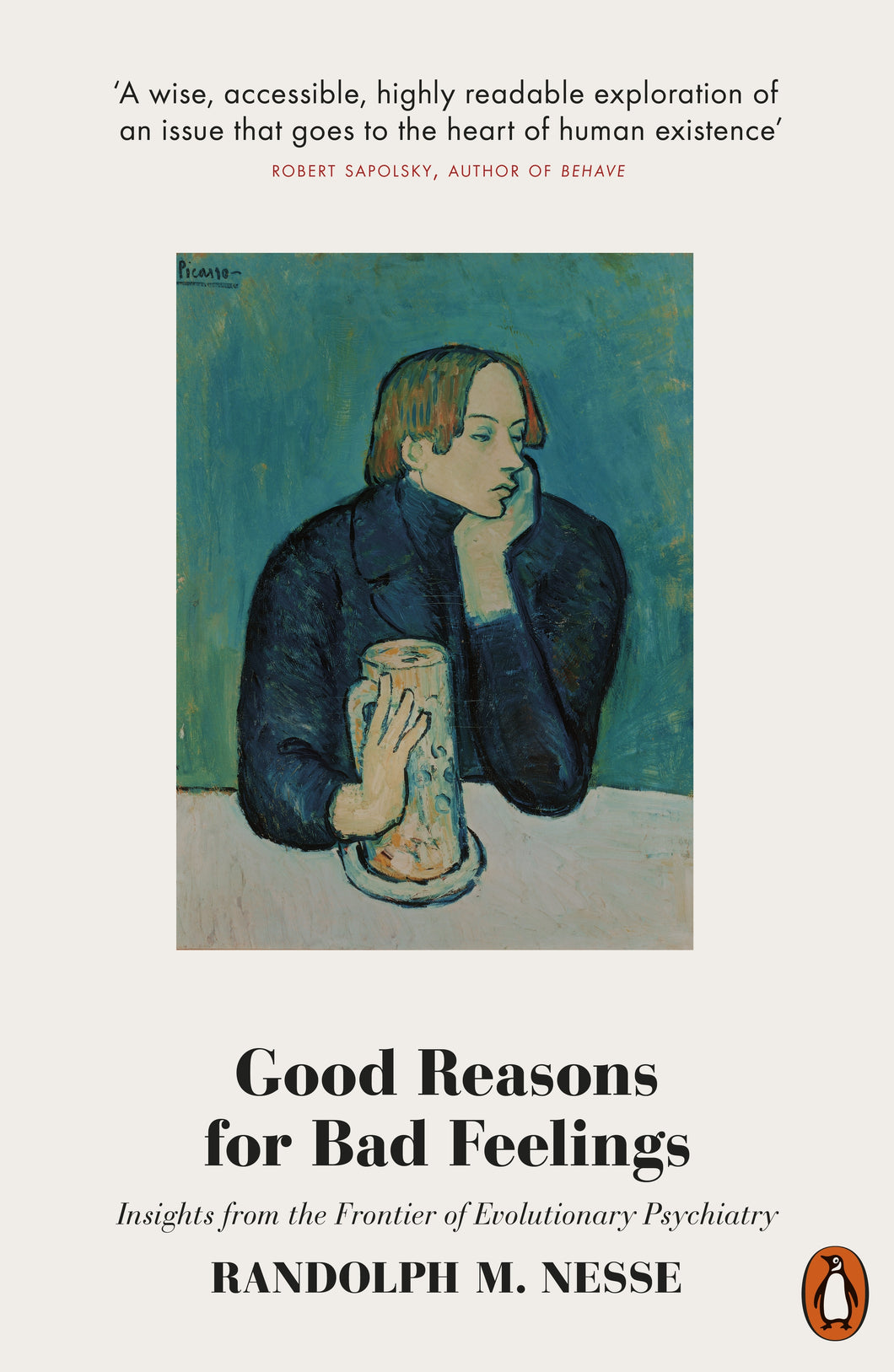 Book cover of 'Good Reasons for Bad Feelings' by Randolph M. Nesse with a portrait of a person holding a vase against a blue background.
