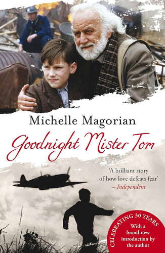 Book cover of 'Goodnight Mister Tom' with a scene from the book and airplane illustration.