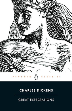 Book cover of 'Great Expectations' by Charles Dickens with a black and white illustration of a woman.