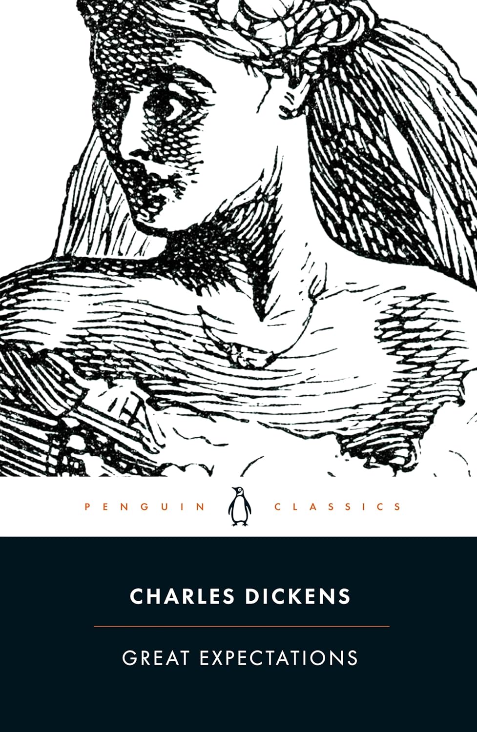 Book cover of 'Great Expectations' by Charles Dickens with a black and white illustration of a woman.