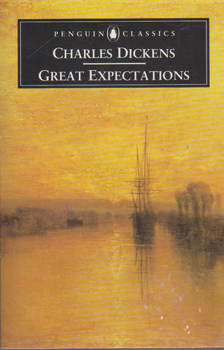 Book cover of 'Great Expectations' by Charles Dickens with a yellowish background and ship silhouette.