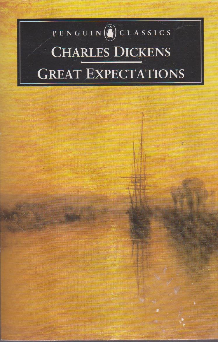 Book cover of 'Great Expectations' by Charles Dickens with a yellowish background and ship silhouette.