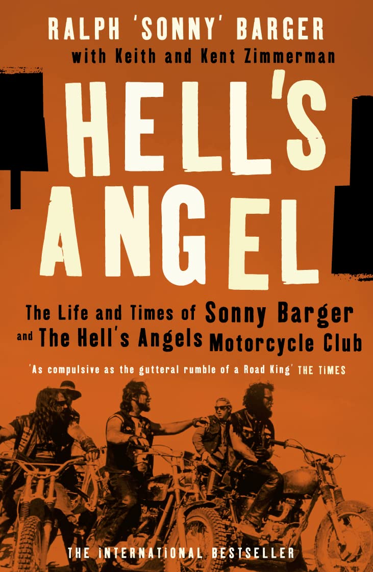 Book cover of 'Hell's Angel' by Ralph 'Sonny' Barger with a group of people on motorcycles against an orange background.