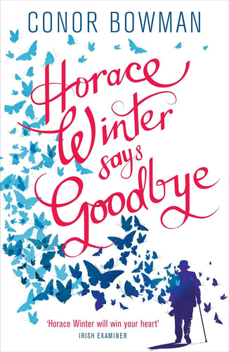 Book cover of 'Horace Winter Says Goodbye' with butterflies and a silhouette of a person walking.