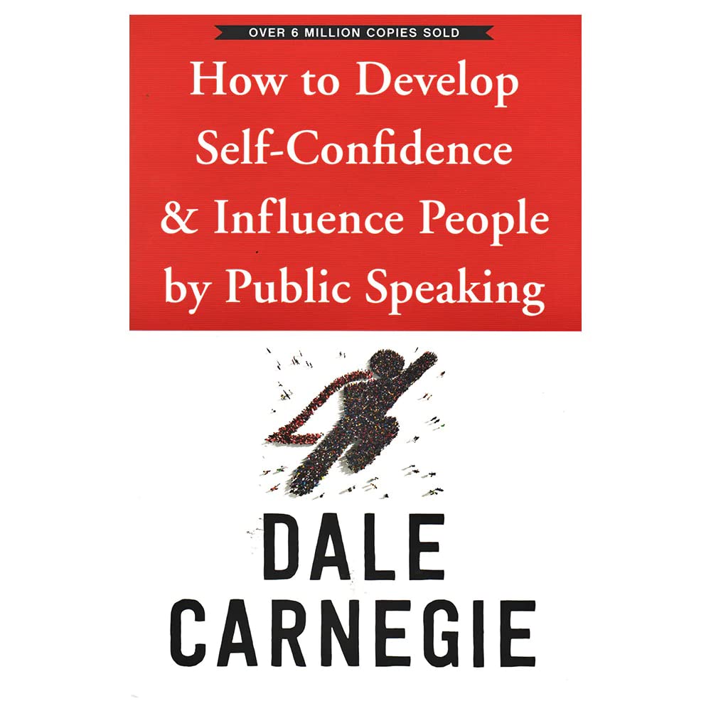 Book cover of 'How to Develop Self-Confidence & Influence People by Public Speaking' by Dale Carnegie with a red background and silhouette of a person.