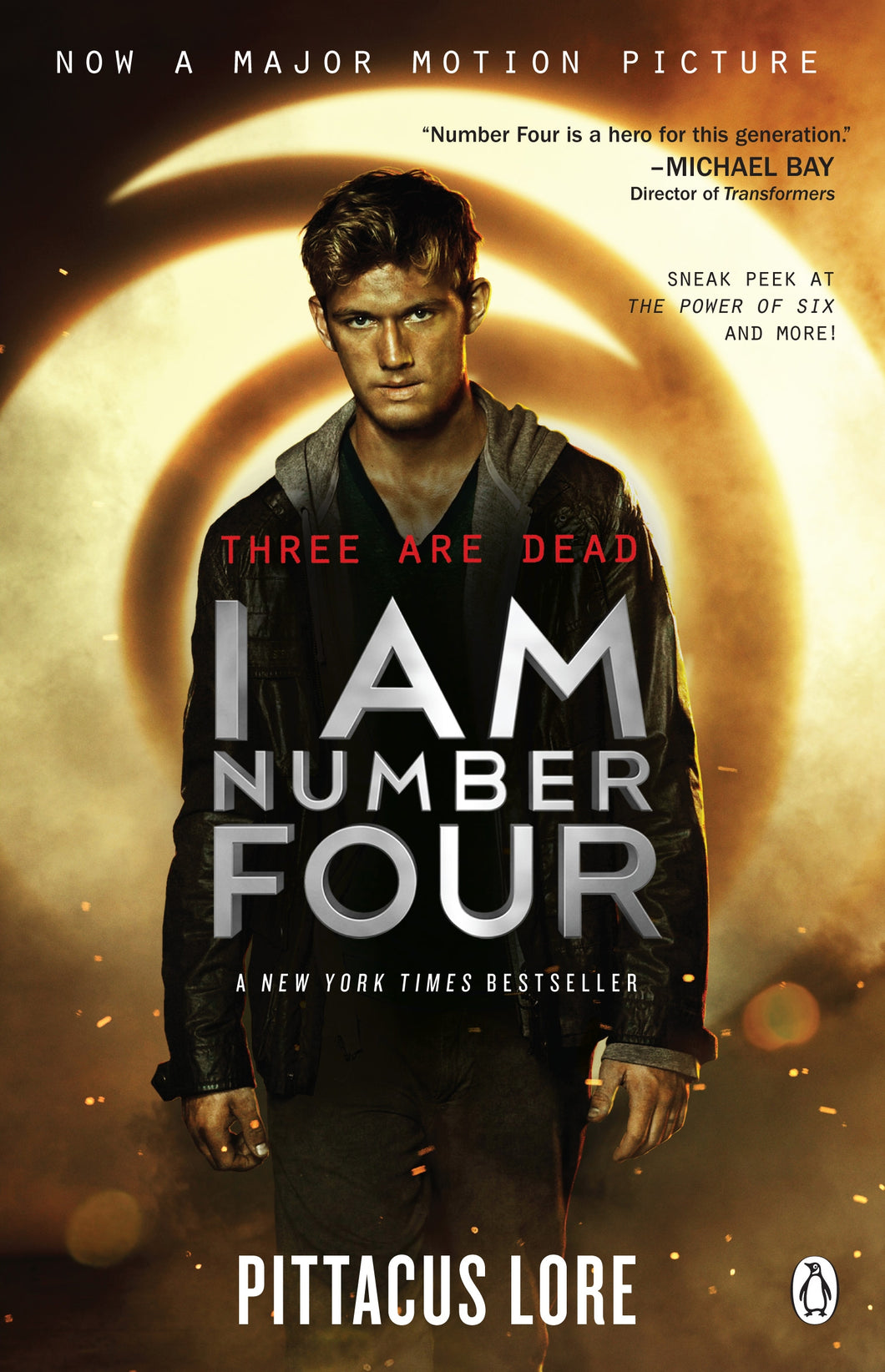 Book cover of 'I Am Number Four' by Pittacus Lore with a character in a hooded outfit against a glowing circular background.