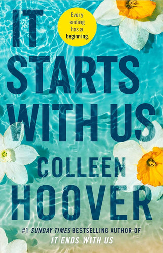 Book cover of 'It Starts With Us' by Colleen Hoover with floral elements and blue water background.