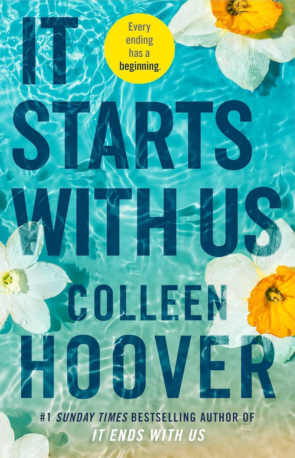 Book cover of 'It Starts With Us' by Colleen Hoover with floral elements and blue water background.
