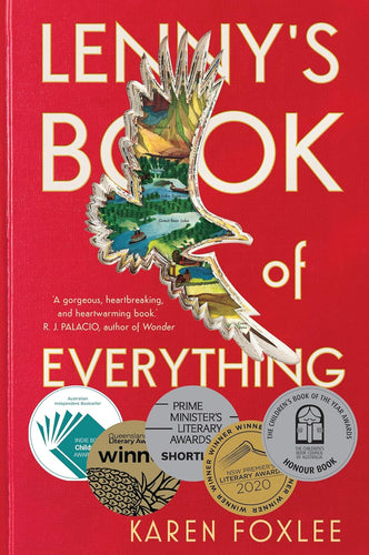 Book cover of 'Lenny's Book of Everything' by Karen Foxlee with a red background and colourful illustrations.
