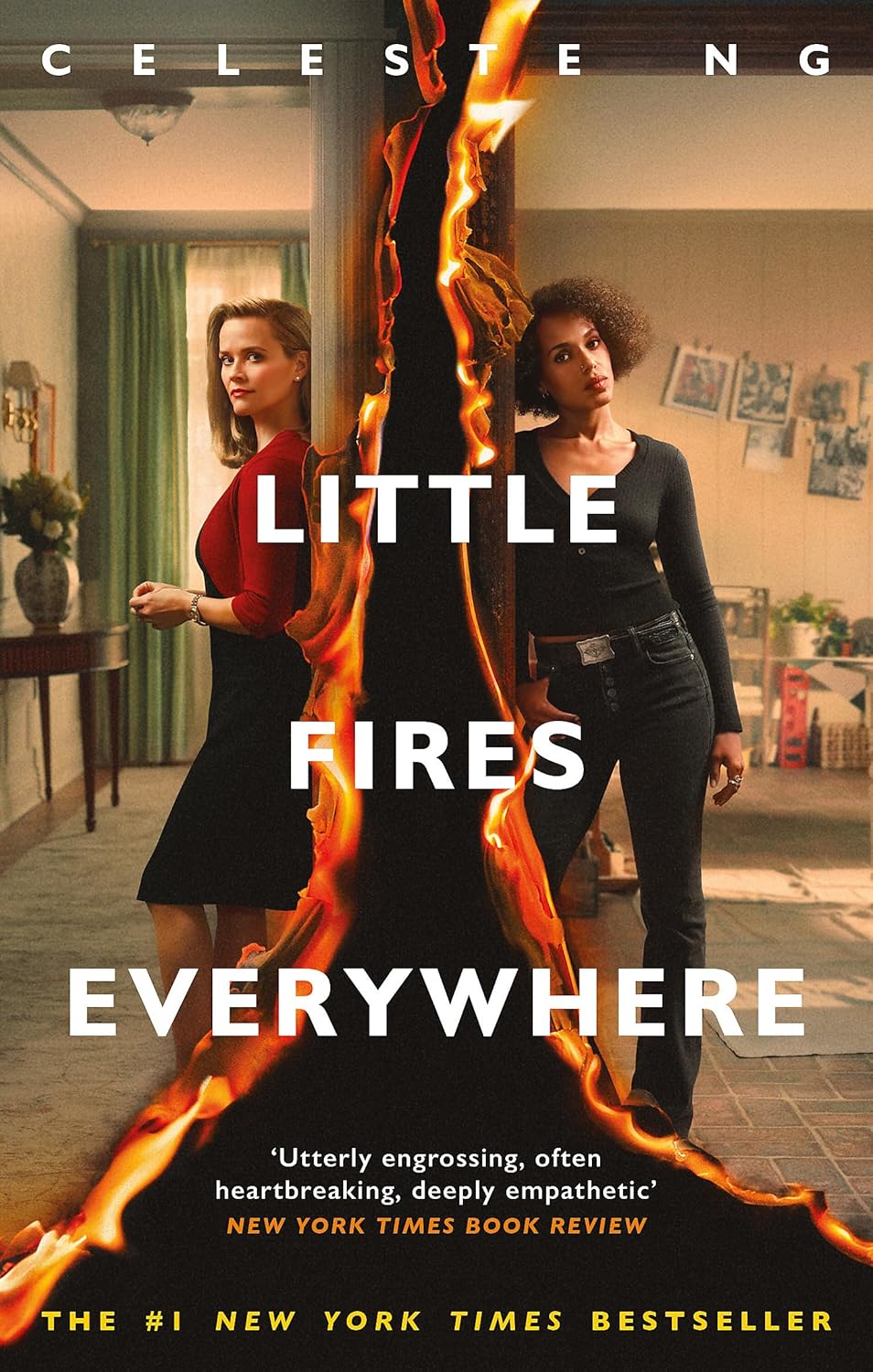 Book cover of 'Little Fires Everywhere' by Celeste Ng with two women and flames.