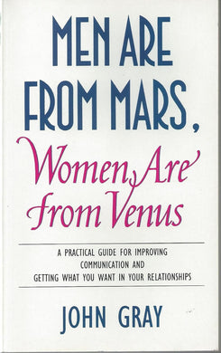 Book cover for 'Men Are from Mars, Women Are from Venus' by John Gray with blue, black, and pink text on a white background.