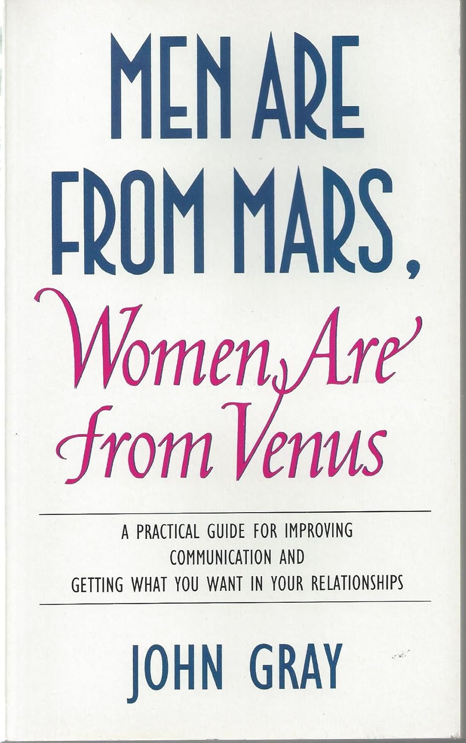 Book cover for 'Men Are from Mars, Women Are from Venus' by John Gray with blue, black, and pink text on a white background.