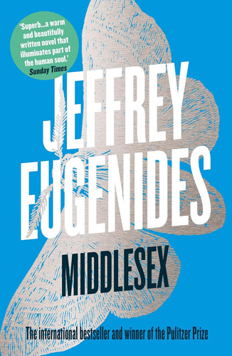 Book cover of 'Middlesex' by Jeffrey Eugenides with a blue background and abstract butterfly design.