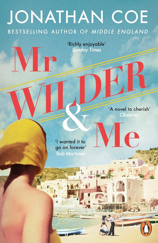 Book cover of 'Mr Wilder & Me' by Jonathan Coe with a beach scene and a woman in a yellow scarf.