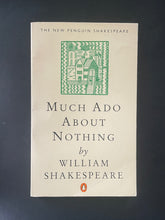 Load image into Gallery viewer, Book cover of &#39;Much Ado About Nothing&#39; by William Shakespeare with a green decorative design on a dark background. Some creasing on the top-right corner, and an obvious crease on the bottom-right corner.
