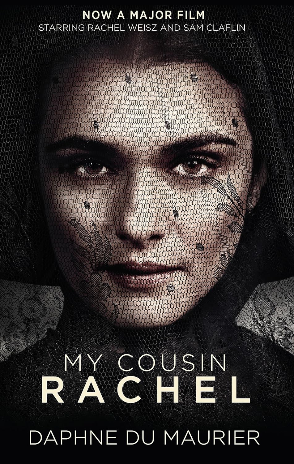 Book cover of 'My Cousin Rachel' by Daphne Du Maurier with a woman's face and text.