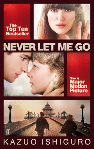 Book cover of 'Never Let Me Go' by Kazuo Ishiguro with images of a woman, a boy, and a girl, and a red banner indicating it's a bestseller.