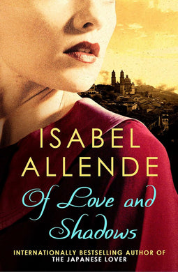 Book cover of 'Of Love and Shadows' by Isabel Allende with a woman's face and cityscape.