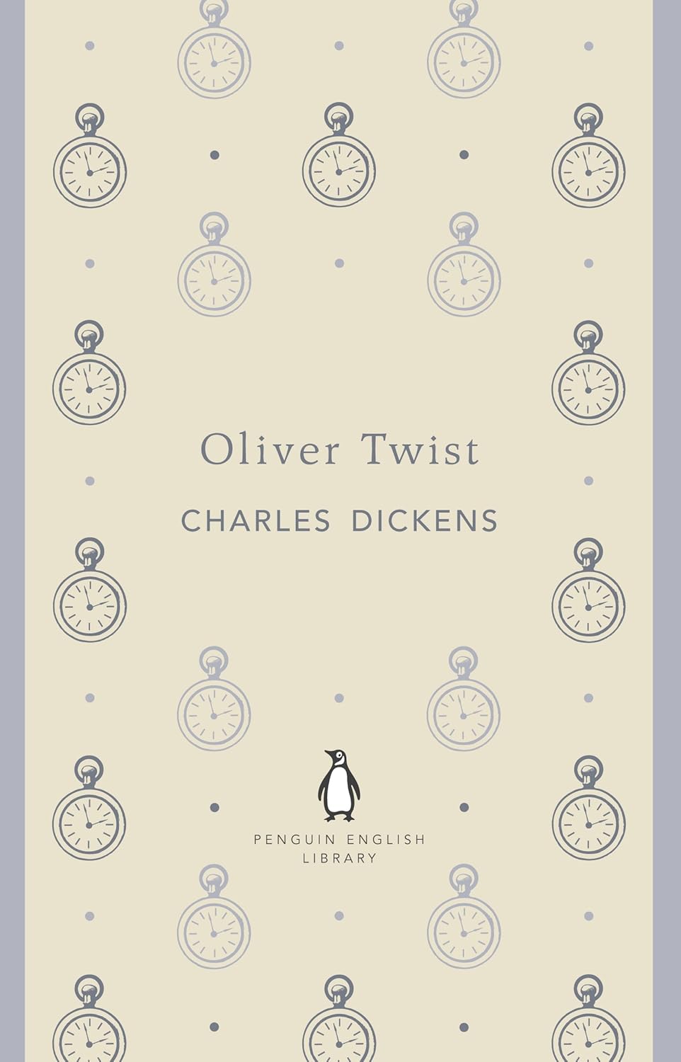 Book cover of 'Oliver Twist' by Charles Dickens with clock pattern and Penguin English Library logo.
