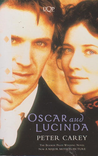 Book cover of 'Oscar and Lucinda' by Peter Carey featuring a close-up of a man and woman.