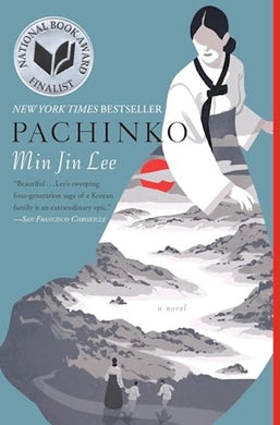 Book cover of 'Pachinko' by Min Jin Lee with a woman in traditional clothing and a mountain landscape.