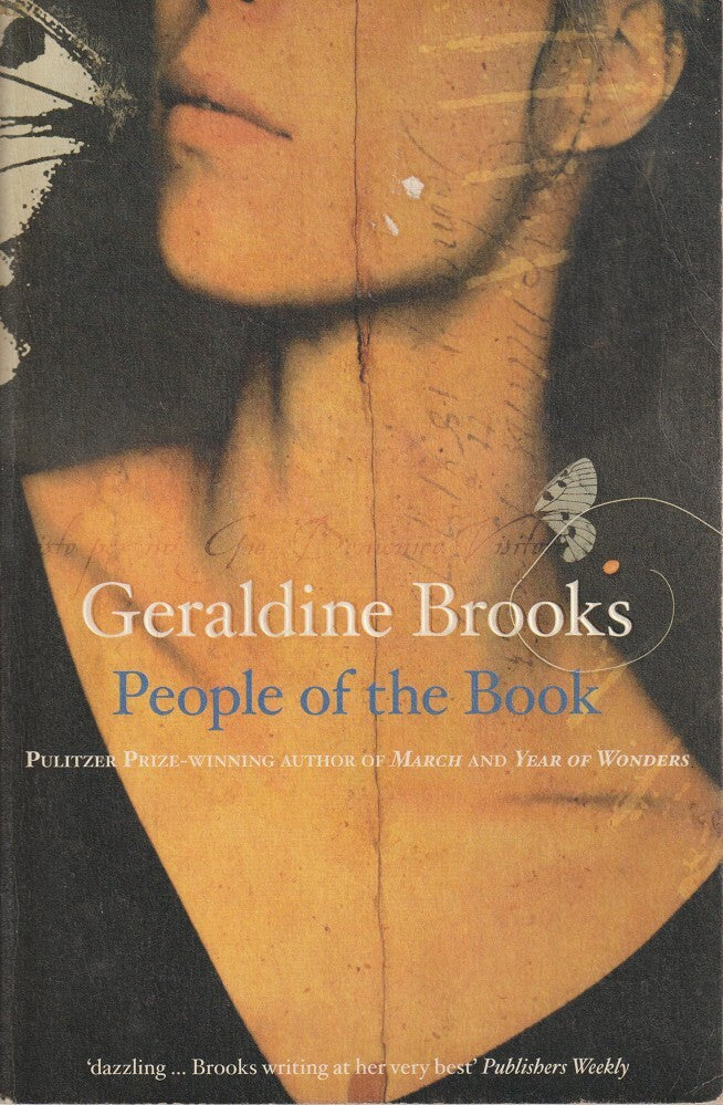 Book cover of 'People of the Book' by Geraldine Brooks with a close-up of a person's neck and butterfly.