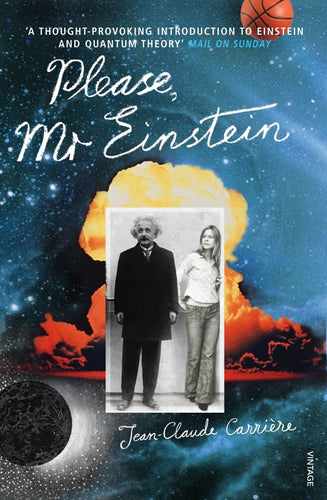 Book cover of 'Please, Mr Einstein' by Jean-Claude Carriere with a space-themed background and a photo of two people standing together.