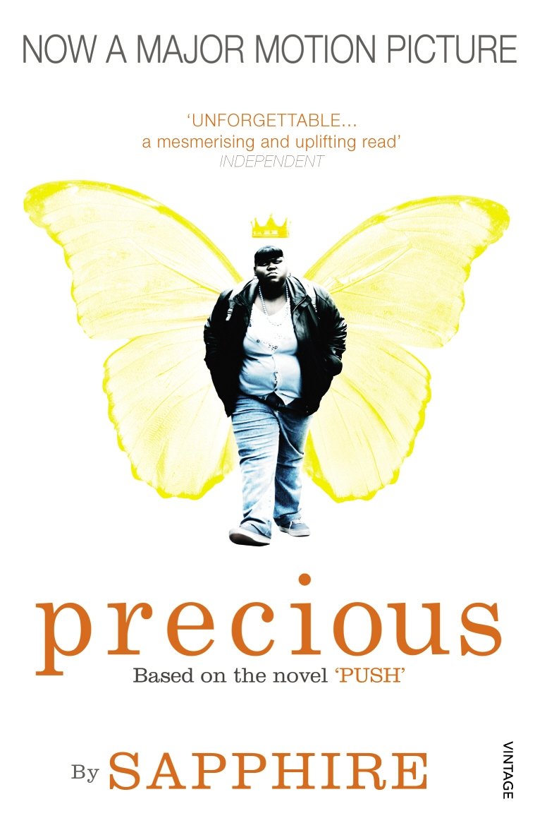 Book cover of 'Precious' by Sapphire with a person wearing butterfly wings.