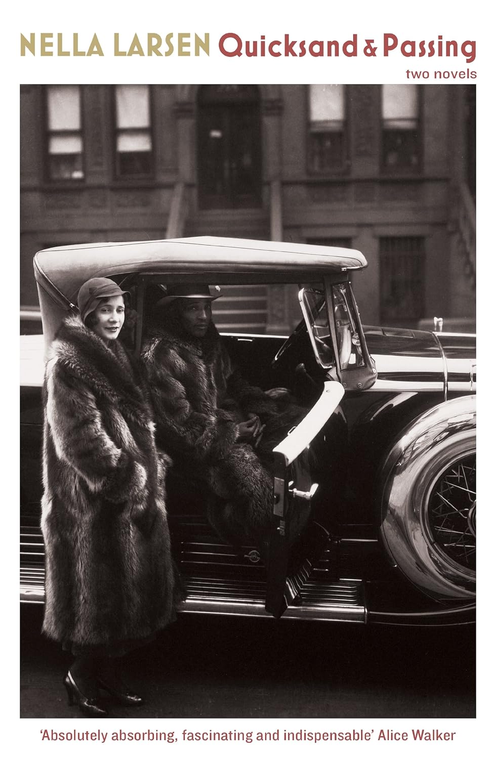 Book cover of 'Quicksand & Passing' by Nella Larsen with a black and white photo of two people getting into a car.
