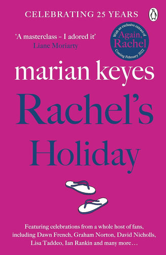 Book cover of 'Rachel's Holiday' by Marian Keyes with a pink background and white text.